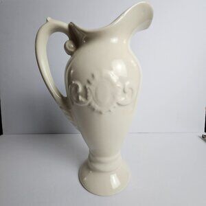 Vintage Style White Ceramic Pitcher Vase – 12” Tall – Embossed Scroll Design
